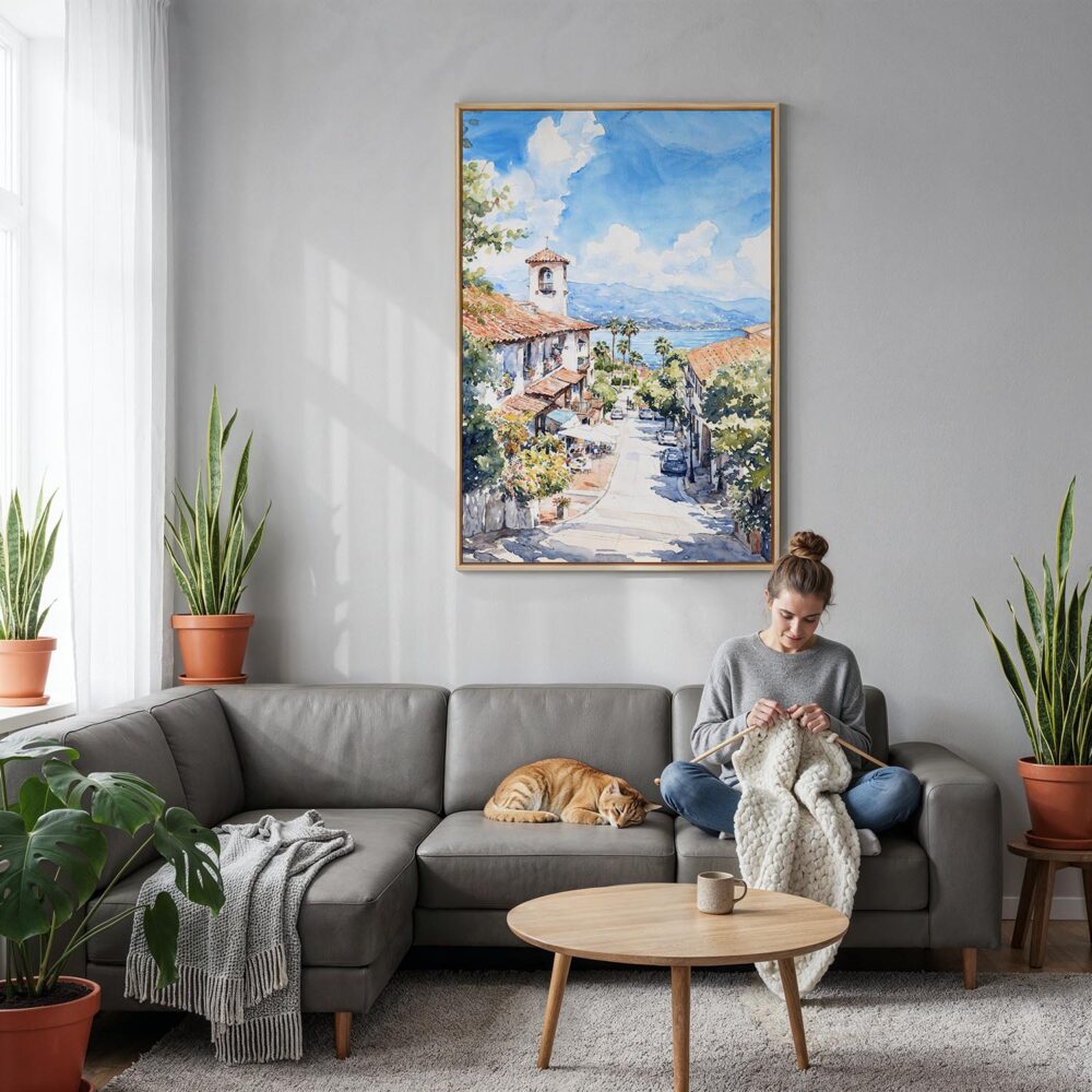 05 - Santa Barbara California Watercolor Canvas Print with Natural Floater Frame - Woman Knitting on grey couch - Vertical.jpg 05 - Santa Barbara California Watercolor Canvas Print with Natural Floater Frame - Woman Knitting on grey couch - Vertical.jpg