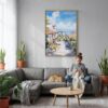 05 - Santa Barbara California Watercolor Canvas Print with Natural Floater Frame - Woman Knitting on grey couch - Vertical.jpg