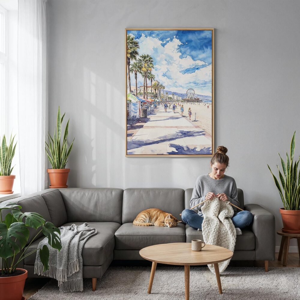 05 - Santa Monica Watercolor Canvas Print with Natural Floater Frame - Woman Knitting on grey couch - Vertical.jpg 05 - Santa Monica Watercolor Canvas Print with Natural Floater Frame - Woman Knitting on grey couch - Vertical.jpg