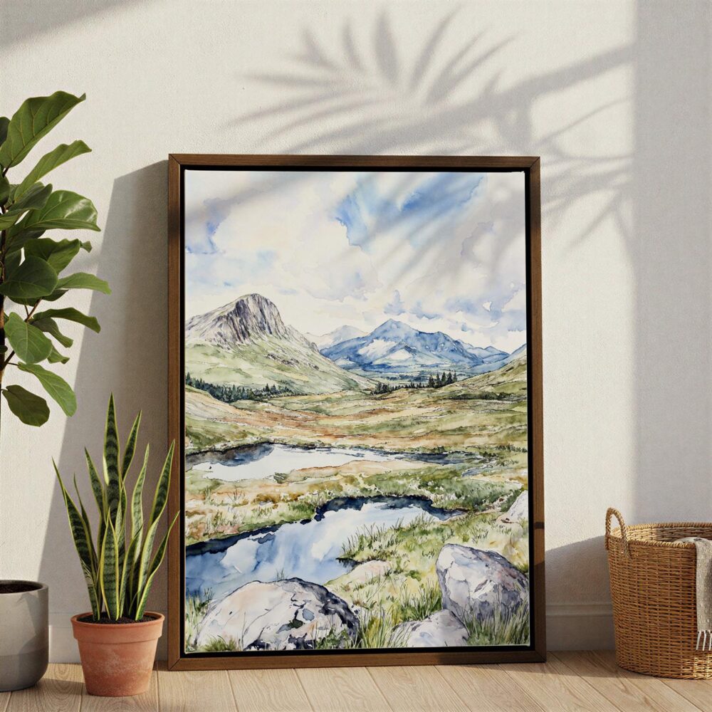 05 - Scottish Highlands Watercolor Canvas Print with Brown Floater Frame - Standing on Floor - Vertical.jpg 05 - Scottish Highlands Watercolor Canvas Print with Brown Floater Frame - Standing on Floor - Vertical.jpg
