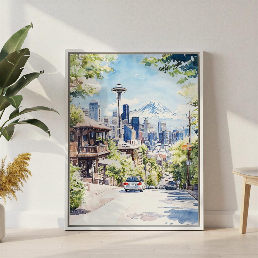 05 - Seattle Skyline - Watercolor Canvas Print with White Floater Frame - Standing on Floor - Vertical.jpg 05 - Seattle Skyline - Watercolor Canvas Print with White Floater Frame - Standing on Floor - Vertical.jpg