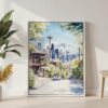 05 - Seattle Skyline - Watercolor Canvas Print with White Floater Frame - Standing on Floor - Vertical.jpg