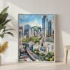 05 - Seoul Skyline Watercolor Canvas Print with White Floater Frame - Standing on Floor - Vertical.jpg