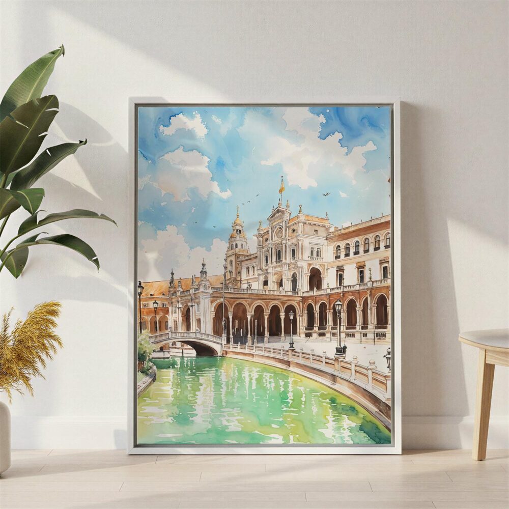 05 - Seville Plaza De Espana Watercolor Canvas Print with White Floater Frame - Standing on Floor - Vertical.jpg 05 - Seville Plaza De Espana Watercolor Canvas Print with White Floater Frame - Standing on Floor - Vertical.jpg