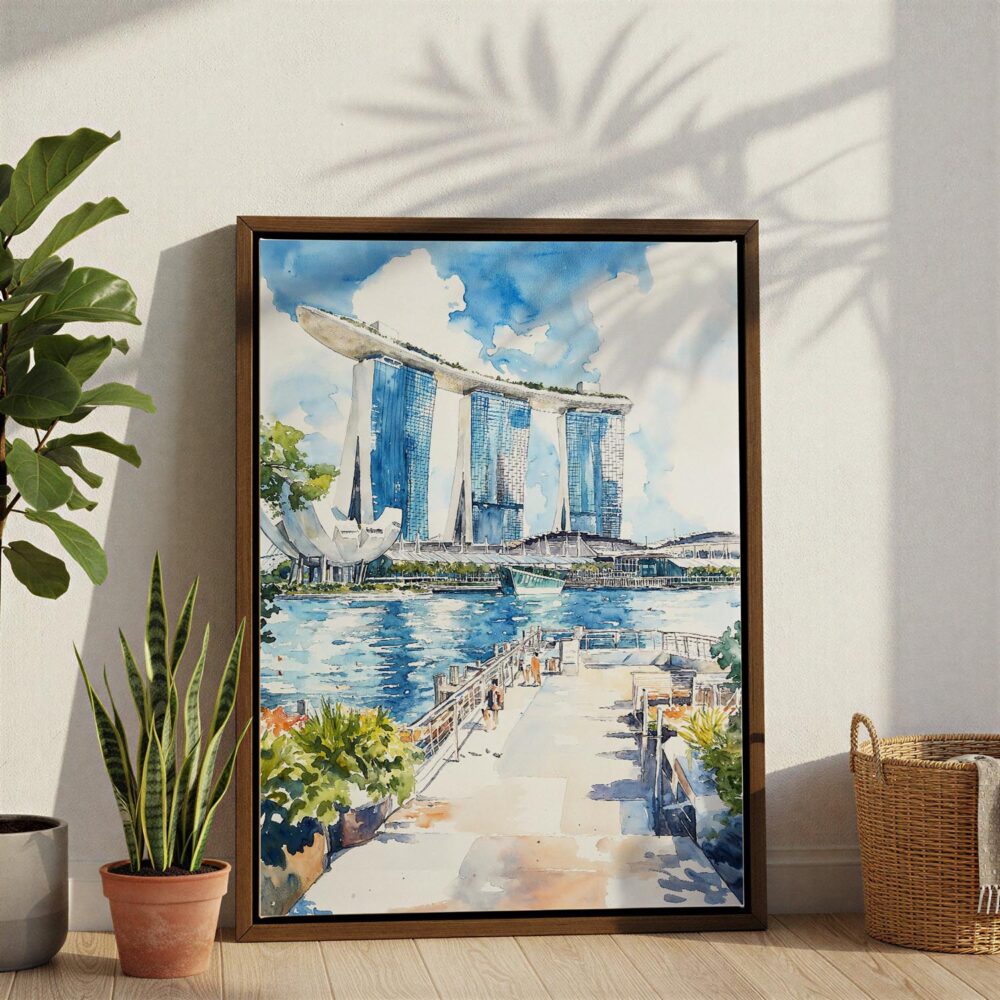 05 - Singapore Watercolor Canvas Print with Brown Floater Frame - Standing on Floor - Vertical.jpg 05 - Singapore Watercolor Canvas Print with Brown Floater Frame - Standing on Floor - Vertical.jpg