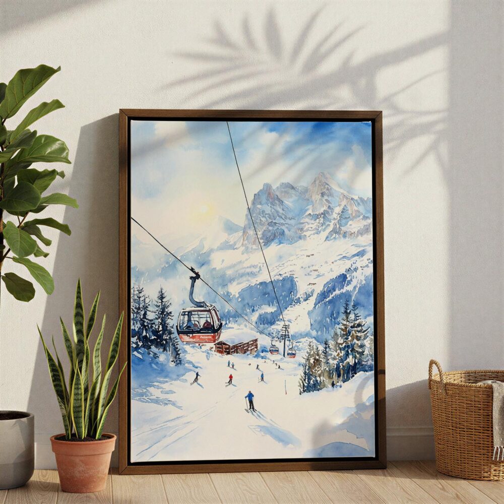 05 - Skiing in Grindelwald Watercolor Canvas Print with Brown Floater Frame - Standing on Floor - Vertical.jpg 05 - Skiing in Grindelwald Watercolor Canvas Print with Brown Floater Frame - Standing on Floor - Vertical.jpg