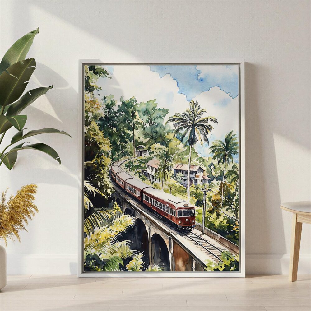 05 - Sri Lanka Train Watercolor Canvas Print with White Floater Frame - Standing on Floor - Vertical.jpg 05 - Sri Lanka Train Watercolor Canvas Print with White Floater Frame - Standing on Floor - Vertical.jpg