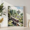 05 - Sri Lanka Train Watercolor Canvas Print with White Floater Frame - Standing on Floor - Vertical.jpg