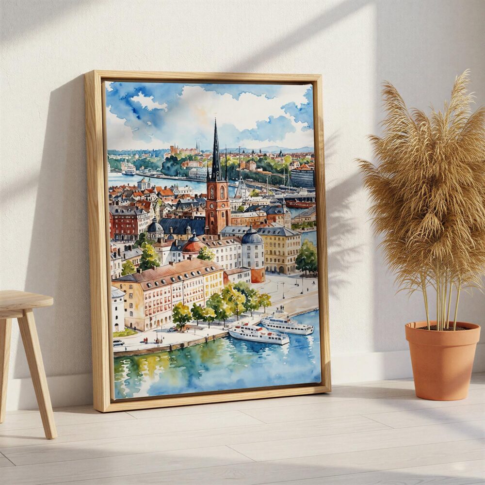 05 - Stockholm Skyline Watercolor Canvas Print with Natural Floater Frame - Standing on Floor - Vertical.jpg 05 - Stockholm Skyline Watercolor Canvas Print with Natural Floater Frame - Standing on Floor - Vertical.jpg