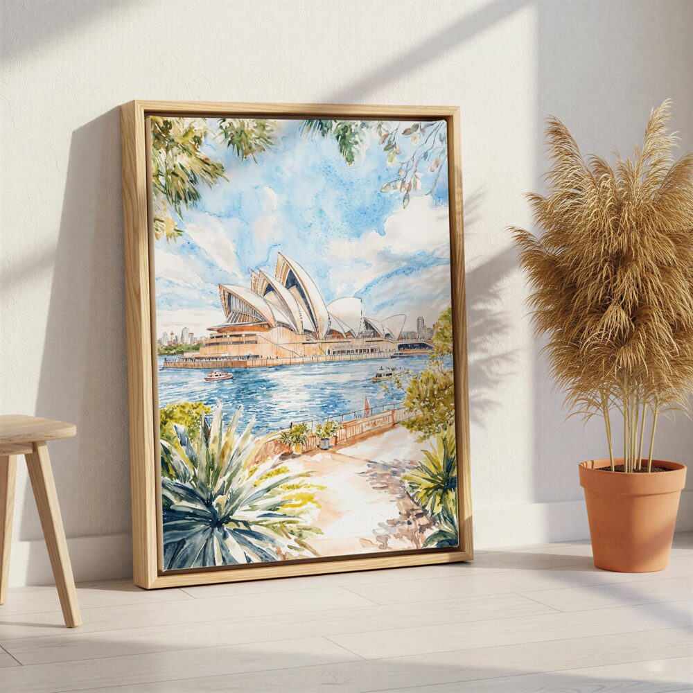 05 - Sydney Australia Opera House Watercolor Canvas Print with Natural Floater Frame - Standing on Floor - Vertical.jpg 05 - Sydney Australia Opera House Watercolor Canvas Print with Natural Floater Frame - Standing on Floor - Vertical.jpg
