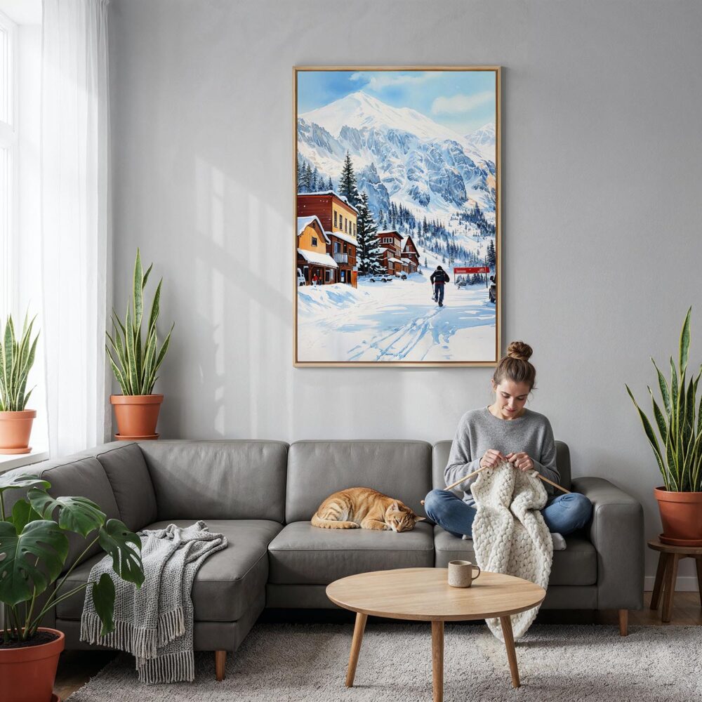 05 - Telluride colorado Watercolor Canvas Print with Natural Floater Frame - Woman Knitting on grey couch - Vertical.jpg 05 - Telluride colorado Watercolor Canvas Print with Natural Floater Frame - Woman Knitting on grey couch - Vertical.jpg