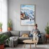 05 - Telluride colorado Watercolor Canvas Print with Natural Floater Frame - Woman Knitting on grey couch - Vertical.jpg