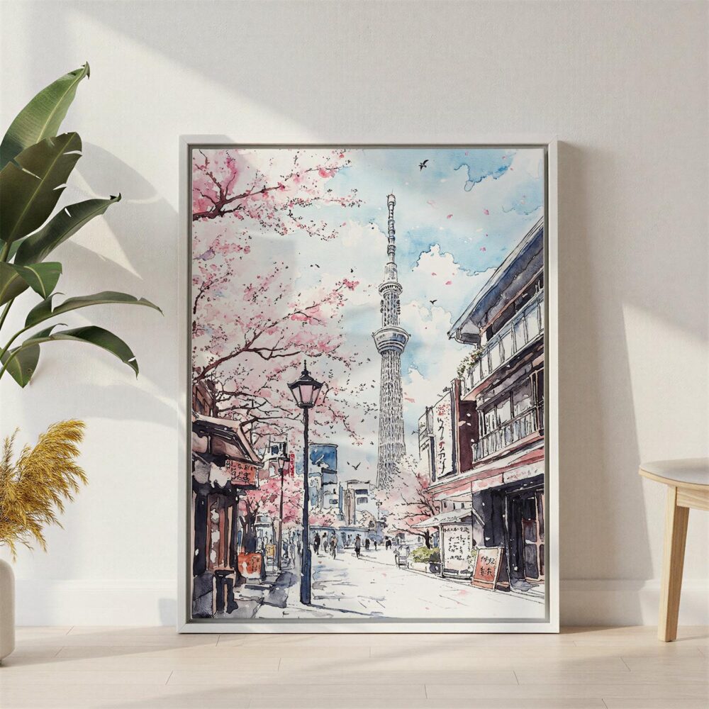 05 - Tokyo Skytree Watercolor Canvas Print with White Floater Frame - Standing on Floor - Vertical.jpg 05 - Tokyo Skytree Watercolor Canvas Print with White Floater Frame - Standing on Floor - Vertical.jpg