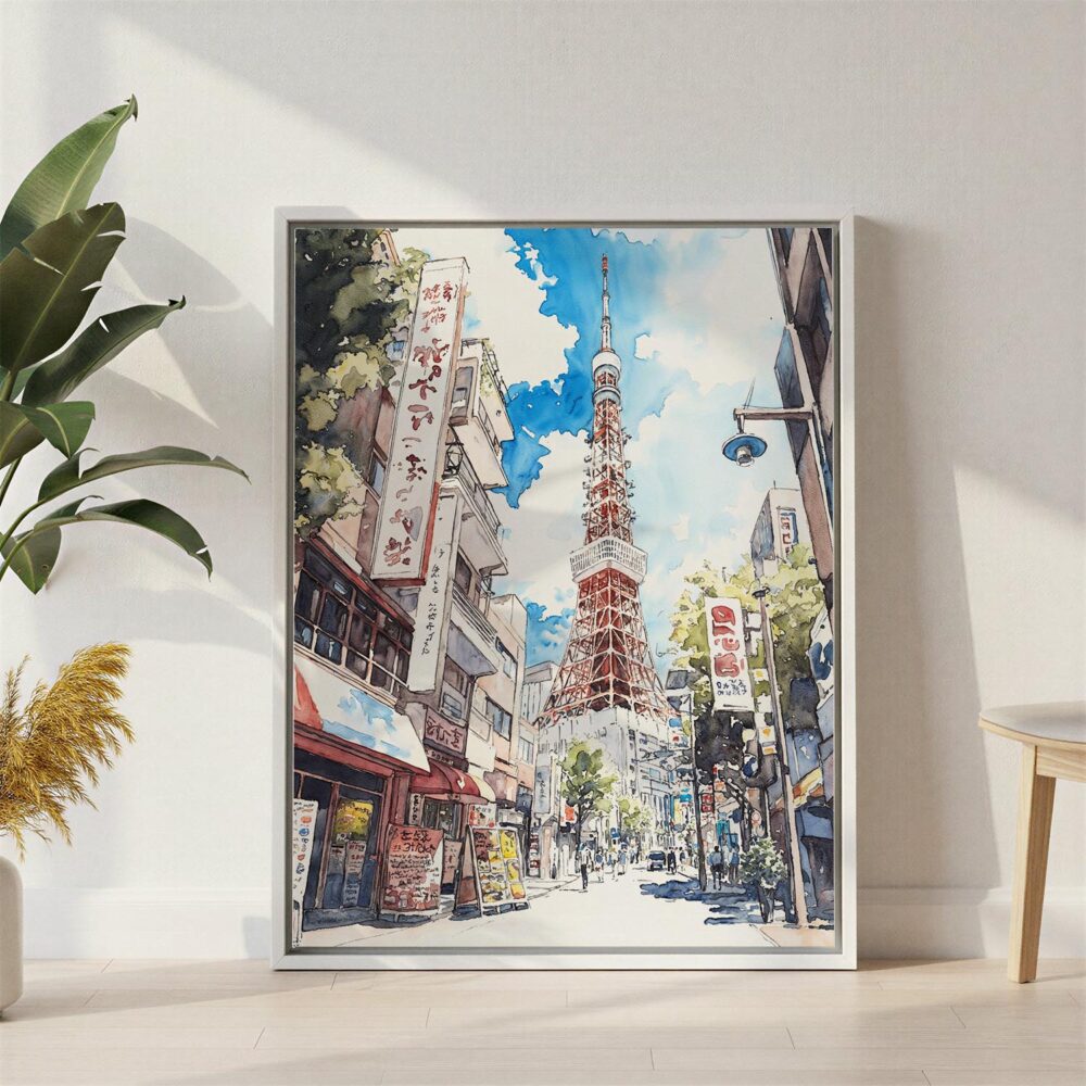 05 - Tokyo Tower - Watercolor Canvas Print with White Floater Frame - Standing on Floor - Vertical.jpg 05 - Tokyo Tower - Watercolor Canvas Print with White Floater Frame - Standing on Floor - Vertical.jpg