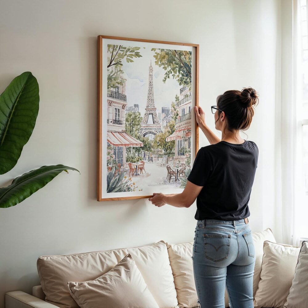 05 - Woman Hanging Framed Cozy Paris Cafe Streetscene with Eiffel Tower Watercolor@2x Art Print - Vertical.jpg 05 - Woman Hanging Framed Cozy Paris Cafe Streetscene with Eiffel Tower Watercolor@2x Art Print - Vertical.jpg
