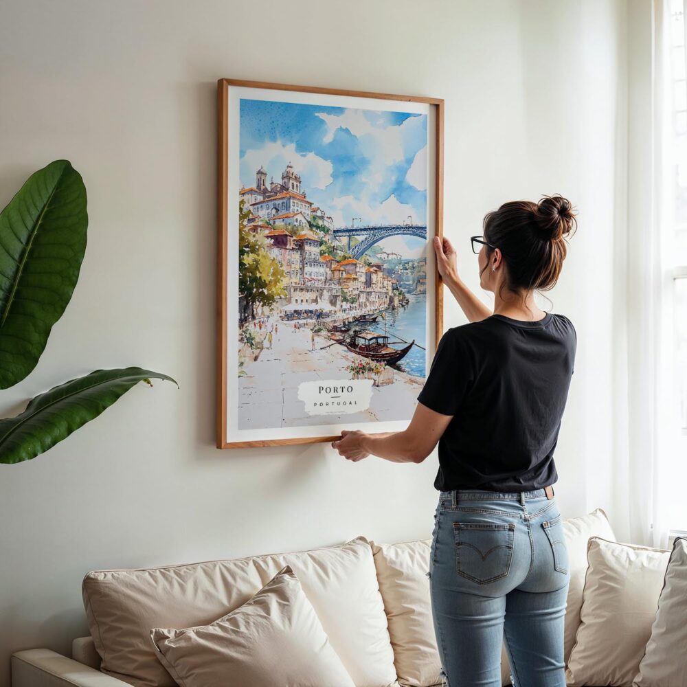 05 - Woman Hanging Framed Porto Ribeira Watercolor Art Print - Vertical.jpg 05 - Woman Hanging Framed Porto Ribeira Watercolor Art Print - Vertical.jpg