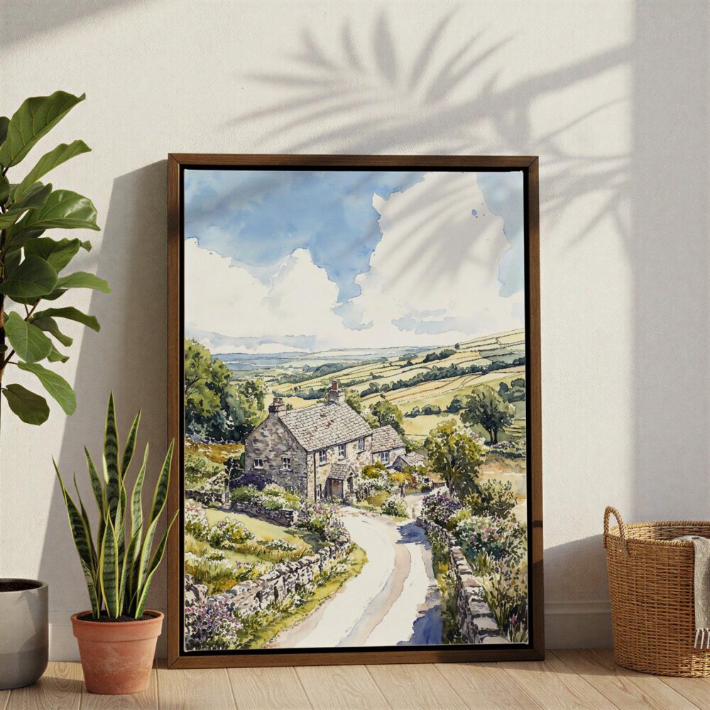 05 - Yorkshire Dales Watercolor Canvas Print with Brown Floater Frame - Standing on Floor - Vertical.jpg 05 - Yorkshire Dales Watercolor Canvas Print with Brown Floater Frame - Standing on Floor - Vertical.jpg