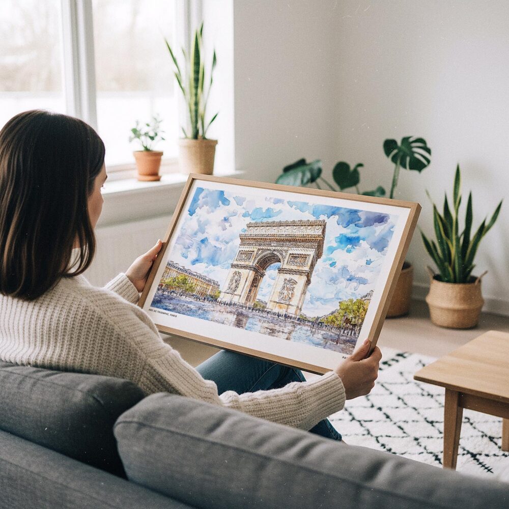 06 - A Woman Holding A Framed Arc De Triomphe Watercolor - Horizontal Art Print.jpg 06 - A Woman Holding A Framed Arc De Triomphe Watercolor - Horizontal Art Print.jpg