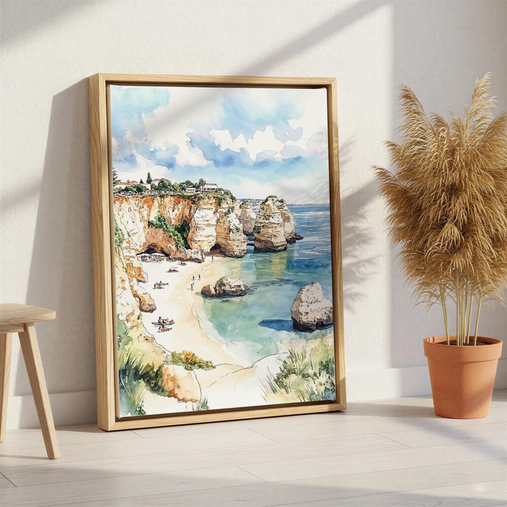 06 - Algarve Beach Watercolor Canvas Print with Natural Floater Frame - Standing on Floor - Vertical.jpg 06 - Algarve Beach Watercolor Canvas Print with Natural Floater Frame - Standing on Floor - Vertical.jpg