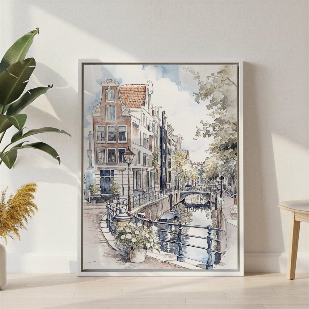 06 - Amsterdam - Watercolor 1 Canvas Print with White Floater Frame - Standing on Floor - Vertical.jpg 06 - Amsterdam - Watercolor 1 Canvas Print with White Floater Frame - Standing on Floor - Vertical.jpg