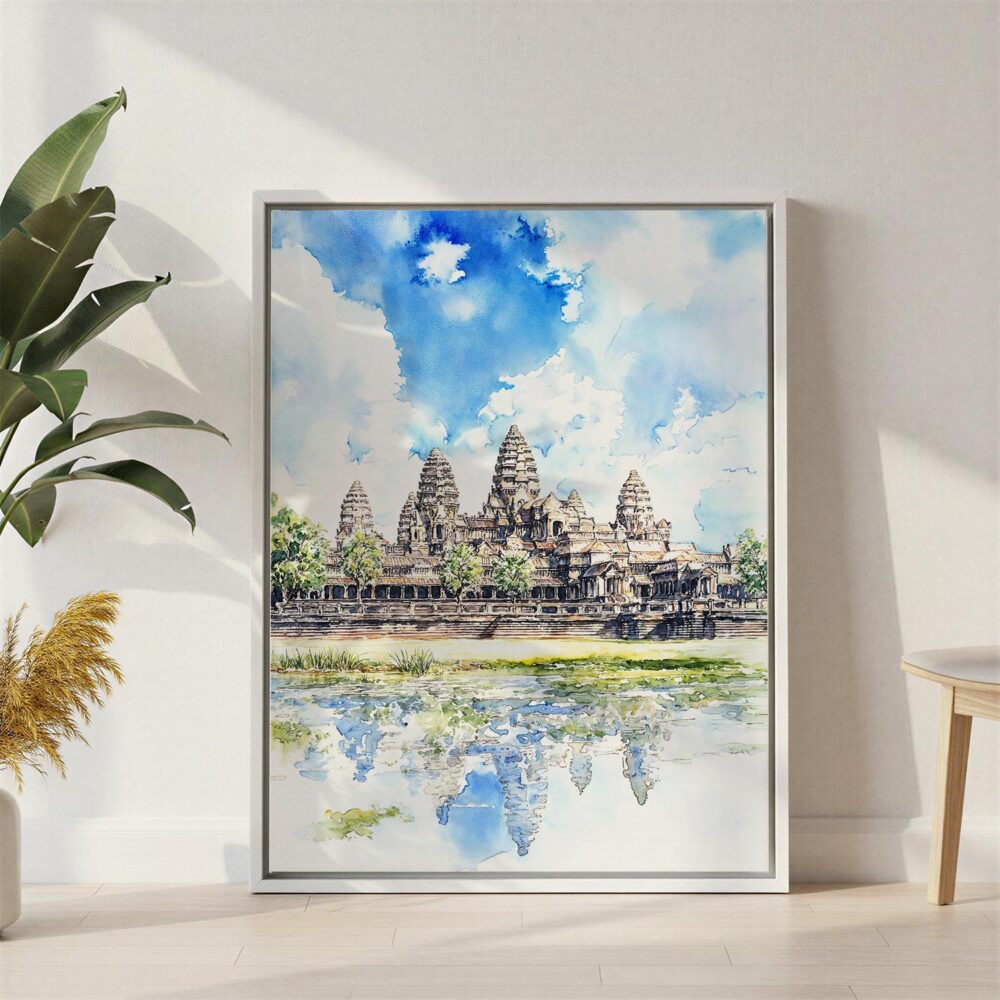 06 - Angkor Wat Cambodia Watercolor Canvas Print with White Floater Frame - Standing on Floor - Vertical.jpg 06 - Angkor Wat Cambodia Watercolor Canvas Print with White Floater Frame - Standing on Floor - Vertical.jpg
