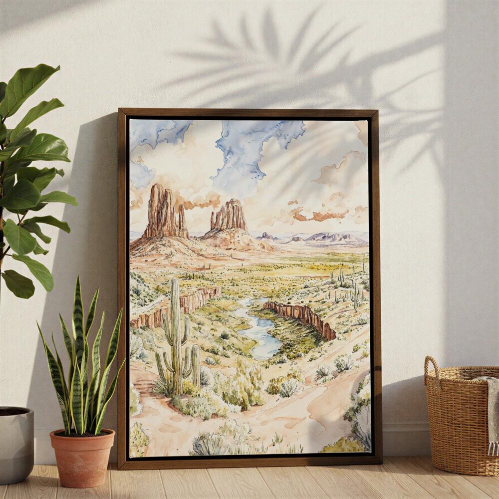 06 - Arizona Watercolor Canvas Print with Brown Floater Frame - Standing on Floor - Vertical.jpg 06 - Arizona Watercolor Canvas Print with Brown Floater Frame - Standing on Floor - Vertical.jpg