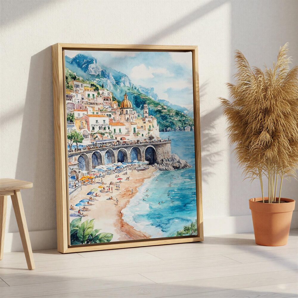 06 - Atrani Italy Watercolor Canvas Print with Natural Floater Frame - Standing on Floor - Vertical.jpg 06 - Atrani Italy Watercolor Canvas Print with Natural Floater Frame - Standing on Floor - Vertical.jpg