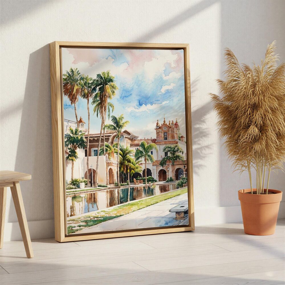 06 - Balboa Park Watercolor Canvas Print with Natural Floater Frame - Standing on Floor - Vertical.jpg 06 - Balboa Park Watercolor Canvas Print with Natural Floater Frame - Standing on Floor - Vertical.jpg