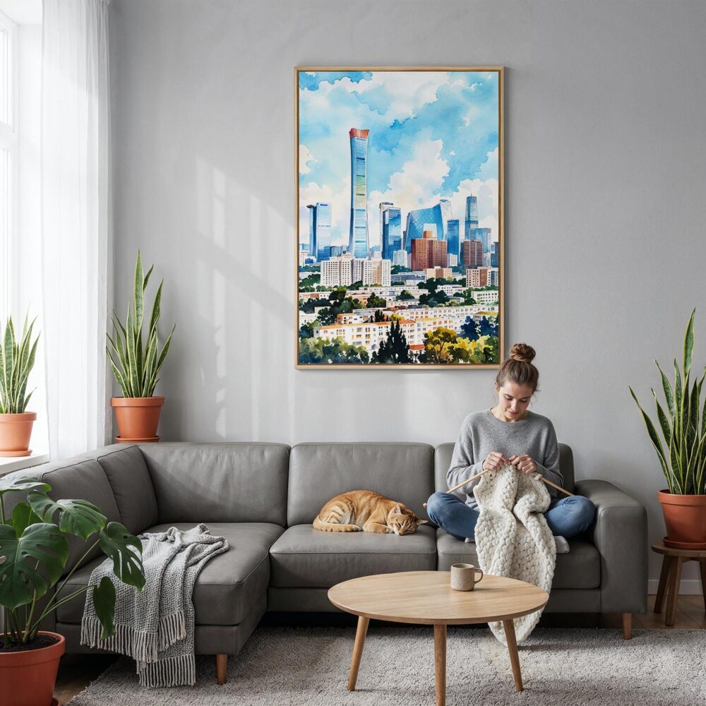 06 - Beijing Skyline Watercolor Canvas Print with Natural Floater Frame - Woman Knitting on grey couch - Vertical.jpg 06 - Beijing Skyline Watercolor Canvas Print with Natural Floater Frame - Woman Knitting on grey couch - Vertical.jpg