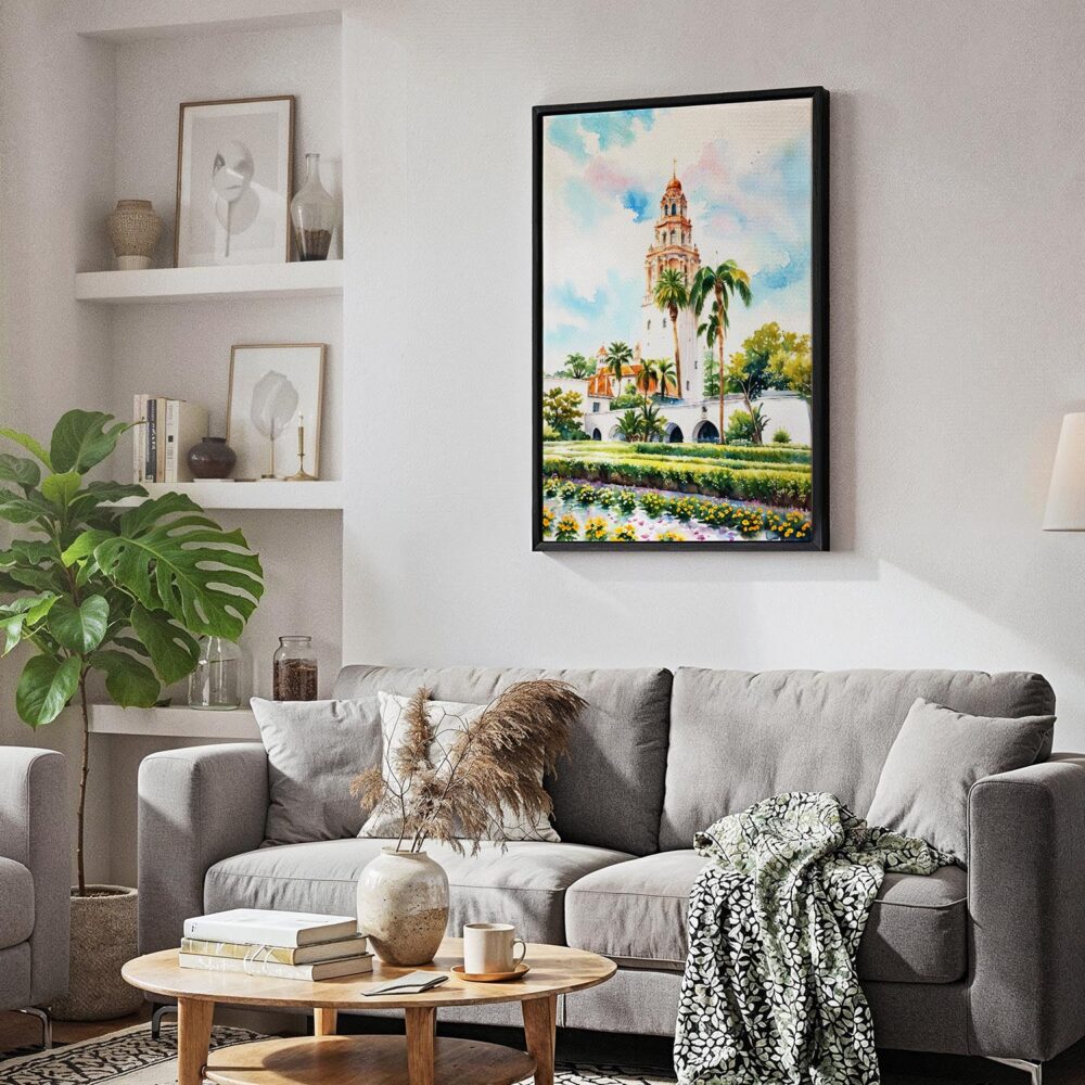 06 - Black Framed Balboa Park California Tower Watercolor Canvas Print - Skandinavian Living Room - Vertical.jpg 06 - Black Framed Balboa Park California Tower Watercolor Canvas Print - Skandinavian Living Room - Vertical.jpg