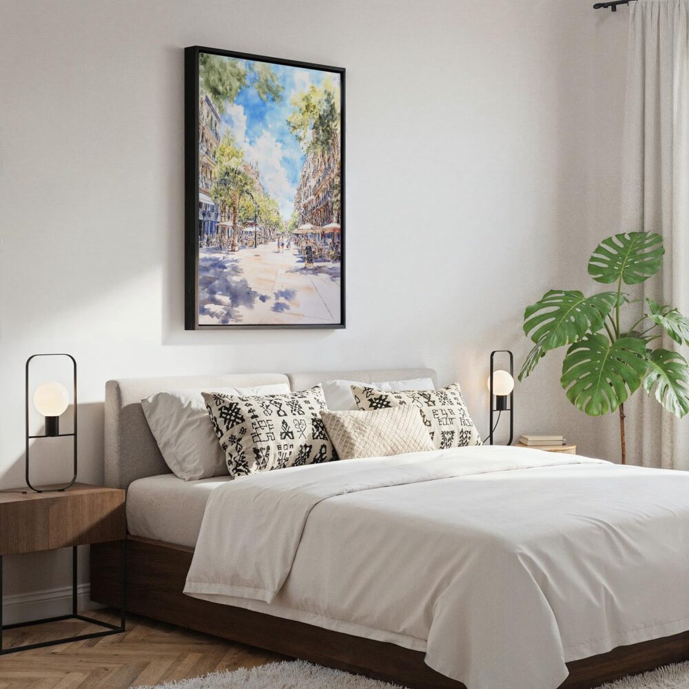06 - Black Framed Barcelona Las Ramblas Watercolor Canvas Print - Bedroom - Vertical.jpg 06 - Black Framed Barcelona Las Ramblas Watercolor Canvas Print - Bedroom - Vertical.jpg