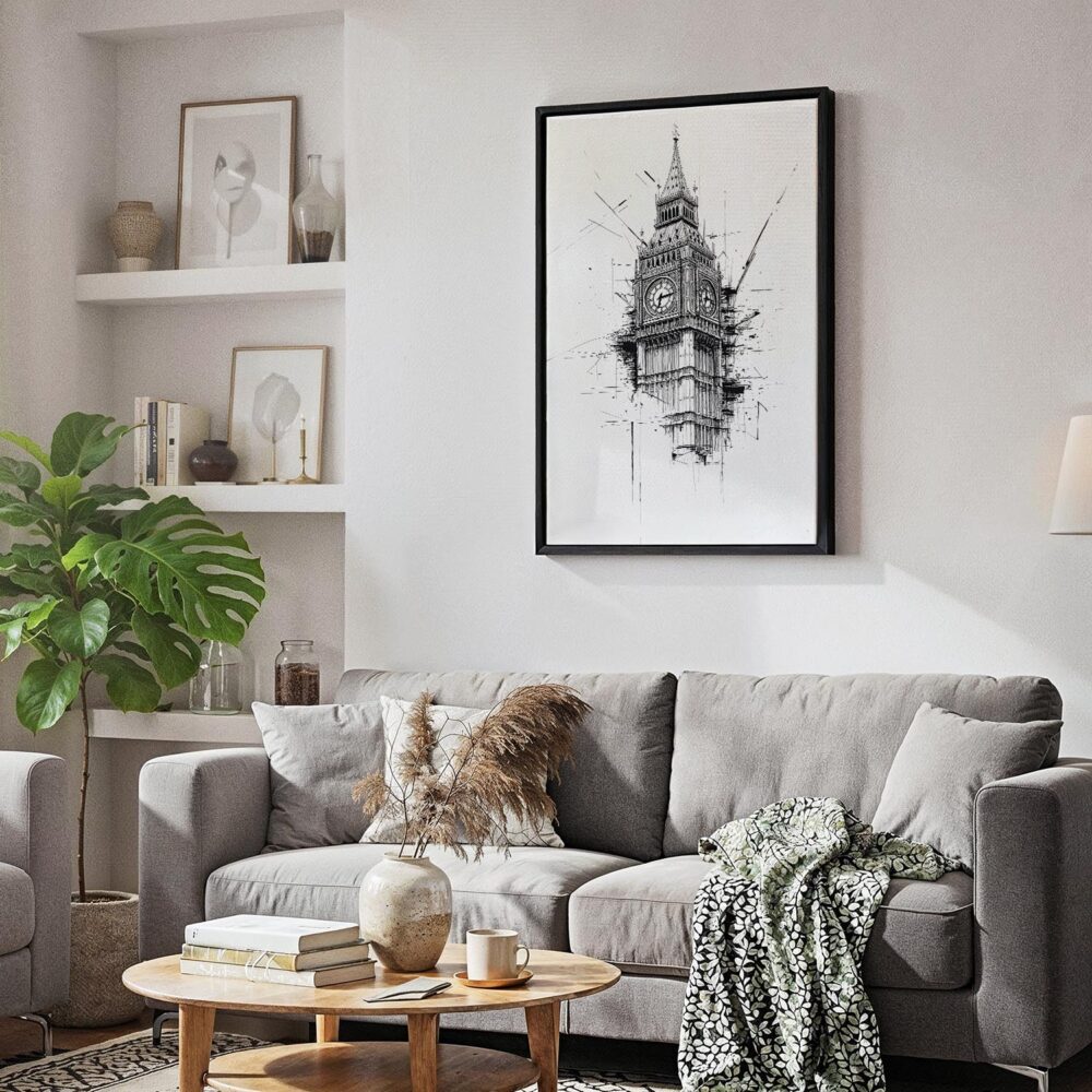 06 - Black Framed Big Ben - close up - Pencil drawing Canvas Print - Skandinavian Living Room - Vertical.jpg 06 - Black Framed Big Ben - close up - Pencil drawing Canvas Print - Skandinavian Living Room - Vertical.jpg