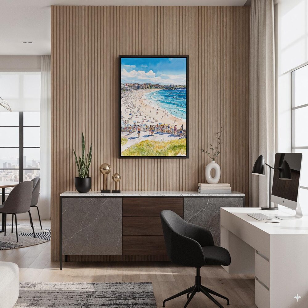 06 - Black Framed Bondi Beach Watercolor Canvas Print - Home Office - Vertical.jpg 06 - Black Framed Bondi Beach Watercolor Canvas Print - Home Office - Vertical.jpg