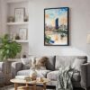 06 - Black Framed Brisbane Skyline Watercolor Canvas Print - Skandinavian Living Room - Vertical.jpg