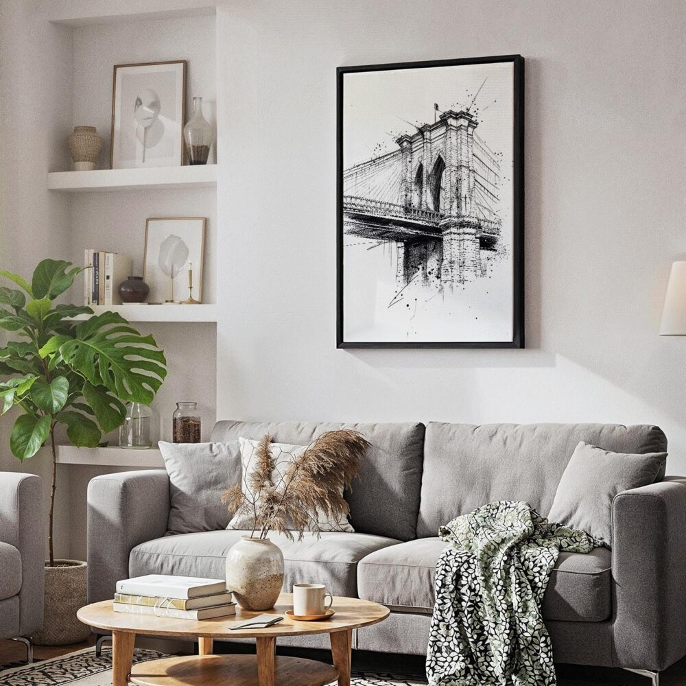 06 - Black Framed Brooklyn Bridge - Pencil Drawing Canvas Print - Skandinavian Living Room - Vertical.jpg 06 - Black Framed Brooklyn Bridge - Pencil Drawing Canvas Print - Skandinavian Living Room - Vertical.jpg