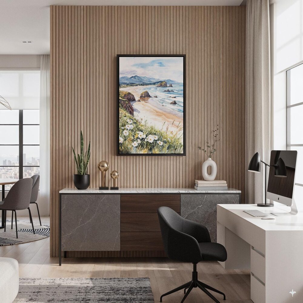 06 - Black Framed Cannon Beach Oregon Watercolor Canvas Print - Home Office - Vertical.jpg 06 - Black Framed Cannon Beach Oregon Watercolor Canvas Print - Home Office - Vertical.jpg