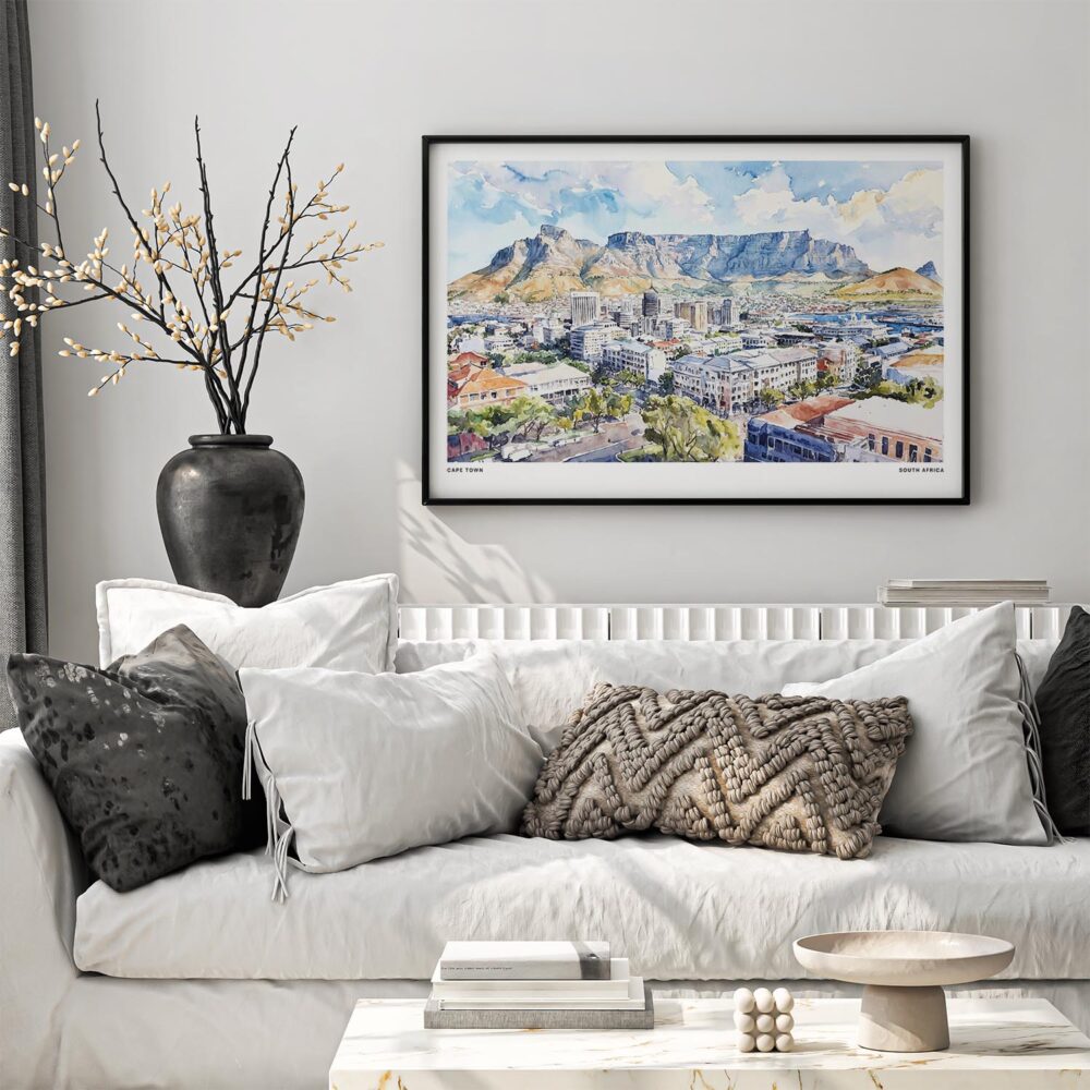 06 - Black Framed Cape Town Watercolor - Horizontal Art Print in Scandi Living Room Above Couch.jpg 06 - Black Framed Cape Town Watercolor - Horizontal Art Print in Scandi Living Room Above Couch.jpg