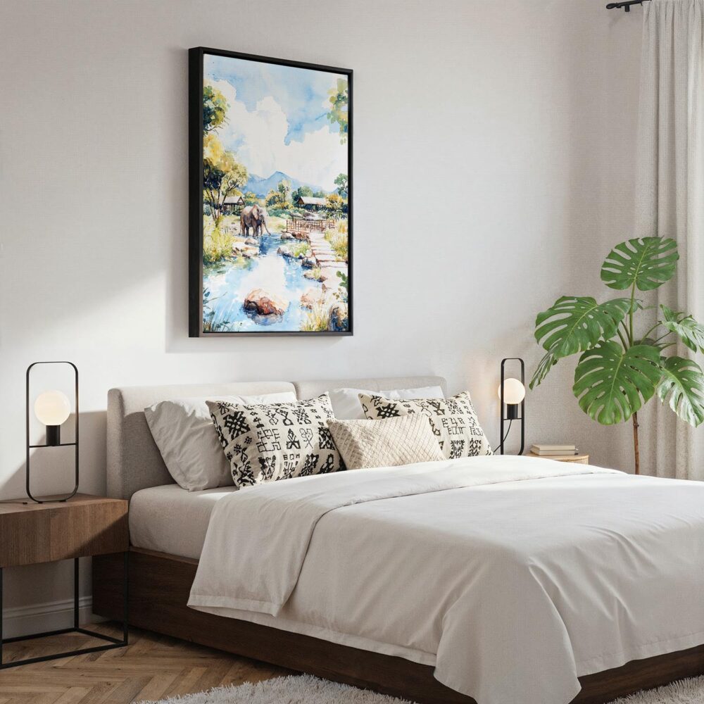 06 - Black Framed Chiang Mai Elephant Watercolor Canvas Print - Bedroom - Vertical.jpg 06 - Black Framed Chiang Mai Elephant Watercolor Canvas Print - Bedroom - Vertical.jpg