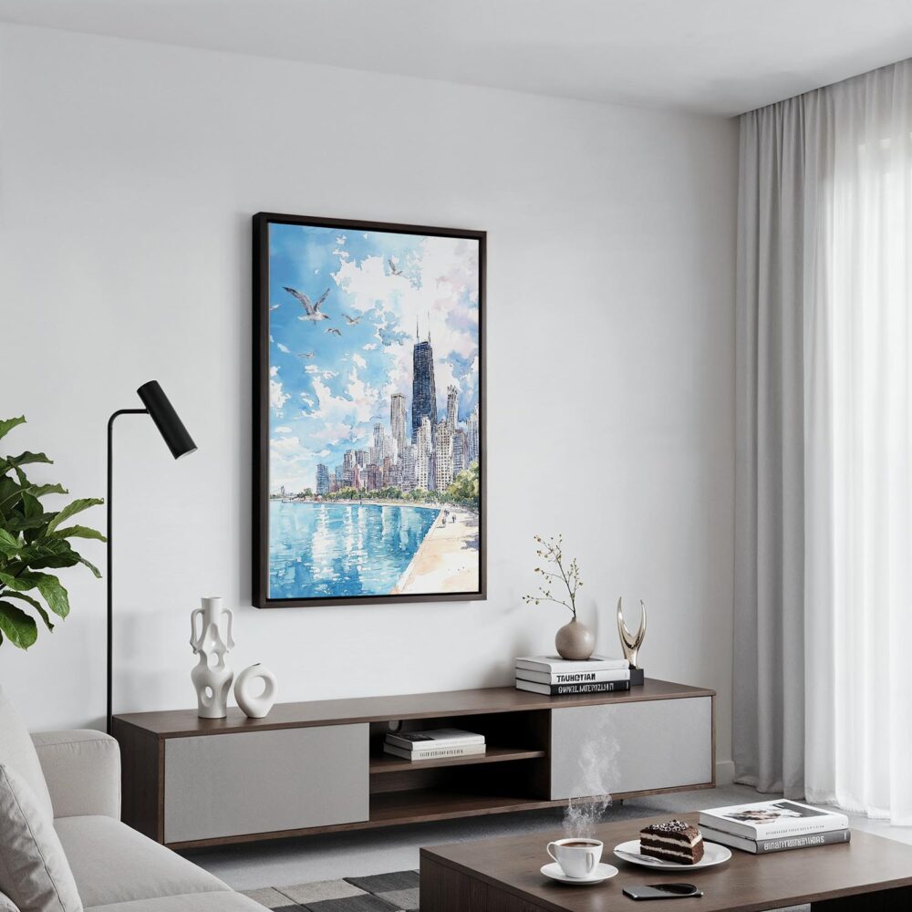 06 - Black Framed Chicago Skyline Watercolor Canvas Print - Contemporary Living Room - Vertical.jpg 06 - Black Framed Chicago Skyline Watercolor Canvas Print - Contemporary Living Room - Vertical.jpg