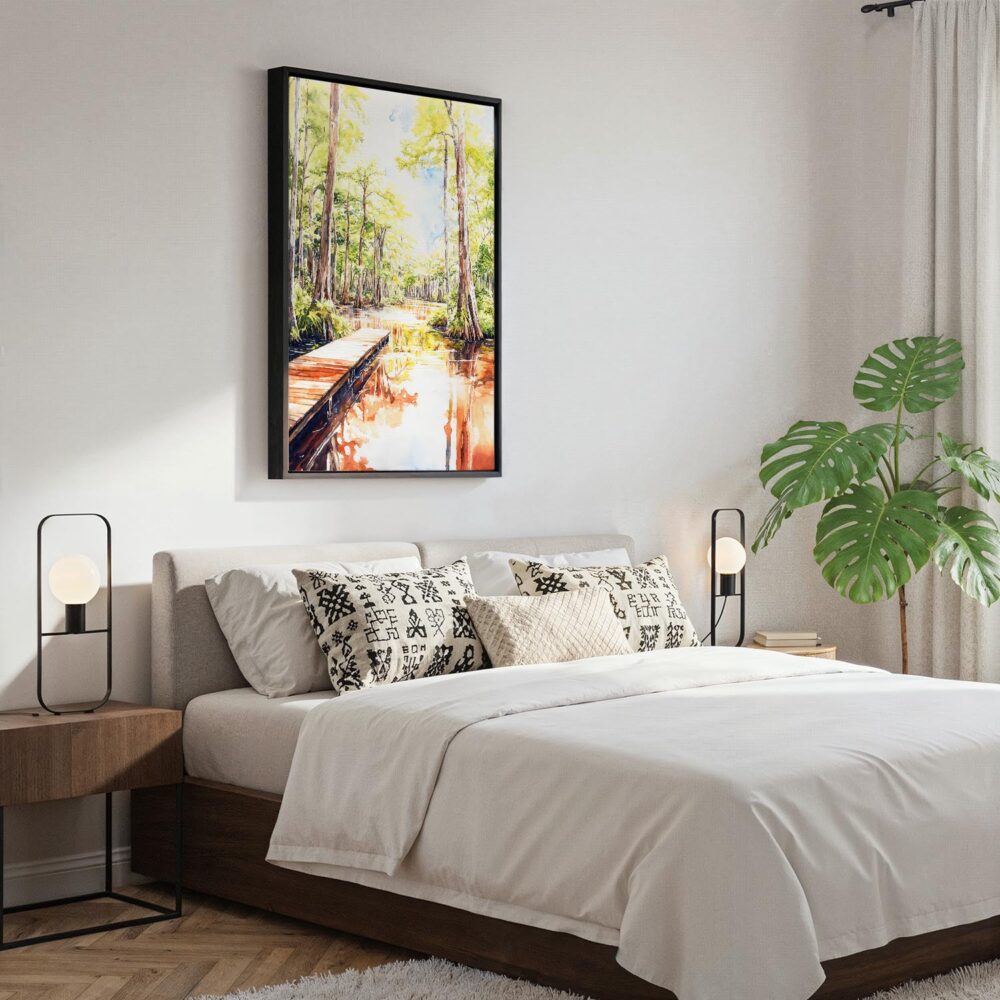 06 - Black Framed Congaree National Park Watercolor Canvas Print - Bedroom - Vertical.jpg 06 - Black Framed Congaree National Park Watercolor Canvas Print - Bedroom - Vertical.jpg