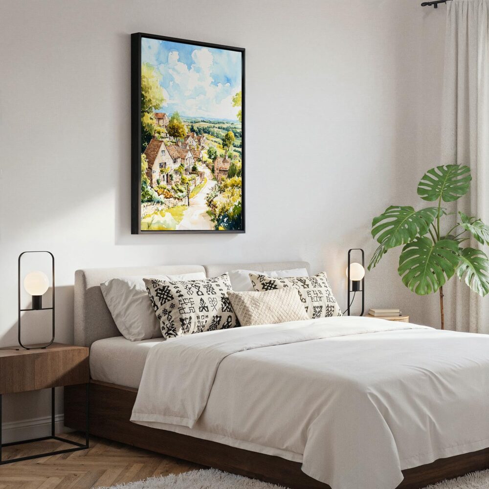 06 - Black Framed Cotswolds England Watercolor Canvas Print - Bedroom - Vertical.jpg 06 - Black Framed Cotswolds England Watercolor Canvas Print - Bedroom - Vertical.jpg