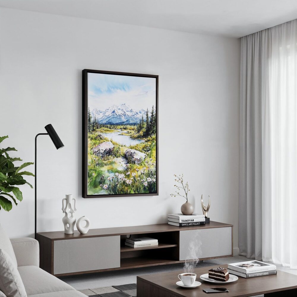06 - Black Framed Denali National Park Watercolor Canvas Print - Contemporary Living Room - Vertical.jpg 06 - Black Framed Denali National Park Watercolor Canvas Print - Contemporary Living Room - Vertical.jpg
