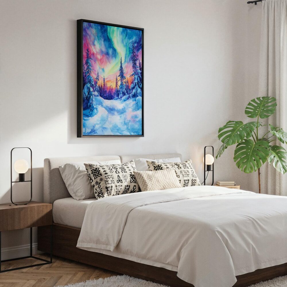 06 - Black Framed Fairbanks Northern Lights watercolor Canvas Print - Bedroom - Vertical.jpg 06 - Black Framed Fairbanks Northern Lights watercolor Canvas Print - Bedroom - Vertical.jpg