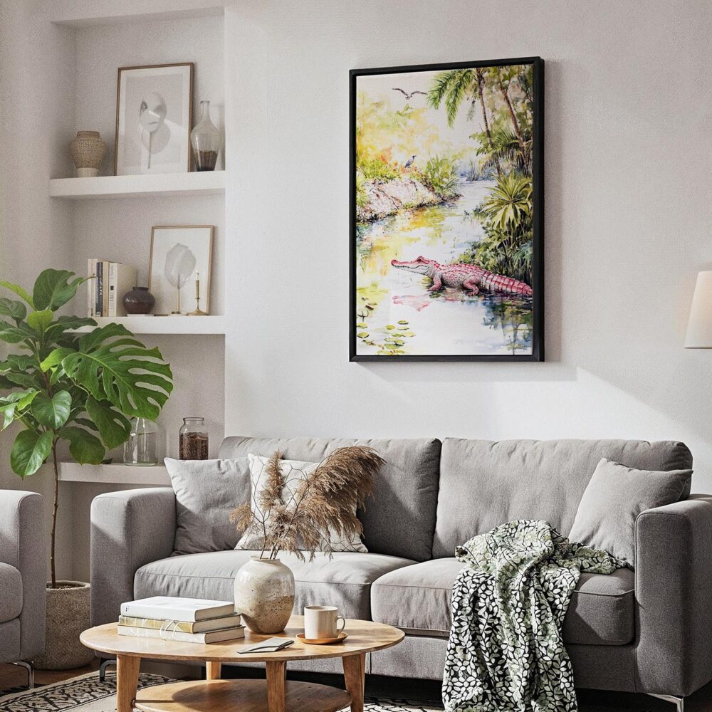 06 - Black Framed Floride Everglades Watercolor Canvas Print - Skandinavian Living Room - Vertical.jpg 06 - Black Framed Floride Everglades Watercolor Canvas Print - Skandinavian Living Room - Vertical.jpg