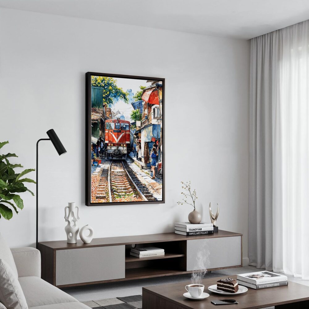 06 - Black Framed Hanoi Train Street Vietnam Watercolor Canvas Print - Contemporary Living Room - Vertical.jpg 06 - Black Framed Hanoi Train Street Vietnam Watercolor Canvas Print - Contemporary Living Room - Vertical.jpg