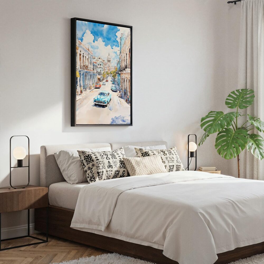 06 - Black Framed Havana Cuba Watercolor Canvas Print - Bedroom - Vertical.jpg 06 - Black Framed Havana Cuba Watercolor Canvas Print - Bedroom - Vertical.jpg