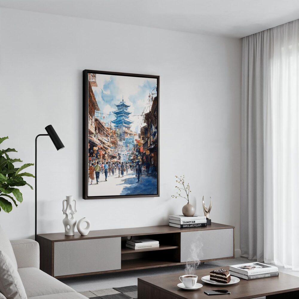 06 - Black Framed Kathmandu Nepal Watercolor Canvas Print - Contemporary Living Room - Vertical.jpg 06 - Black Framed Kathmandu Nepal Watercolor Canvas Print - Contemporary Living Room - Vertical.jpg