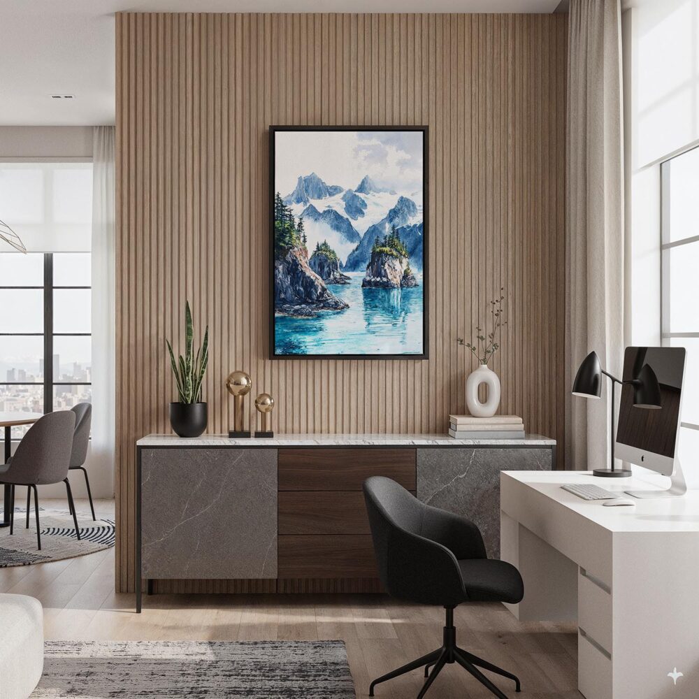 06 - Black Framed Kenai Fjords National Park Watercolor Canvas Print - Home Office - Vertical.jpg 06 - Black Framed Kenai Fjords National Park Watercolor Canvas Print - Home Office - Vertical.jpg