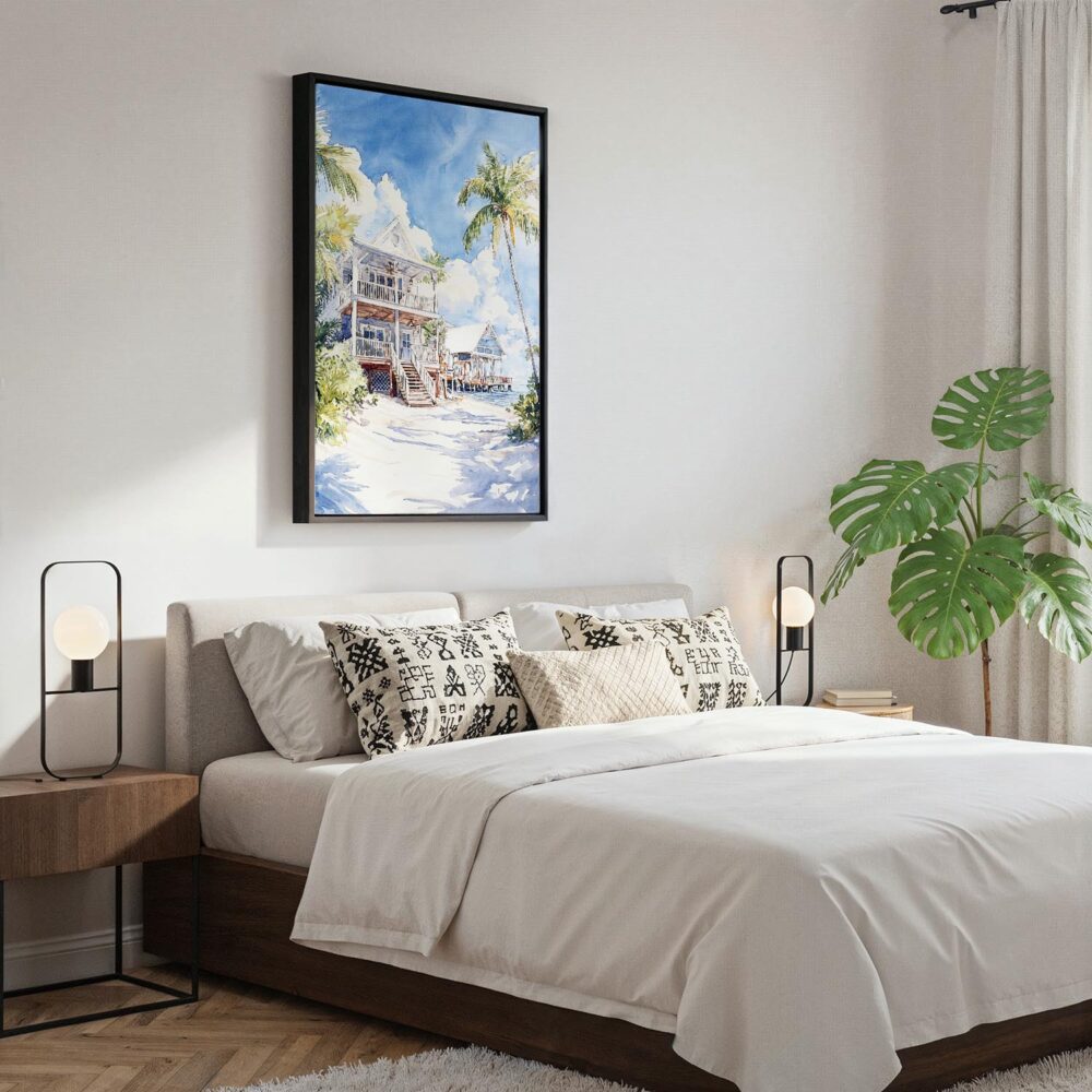 06 - Black Framed Key West Beach House - Watercolor Canvas Print - Bedroom - Vertical.jpg 06 - Black Framed Key West Beach House - Watercolor Canvas Print - Bedroom - Vertical.jpg