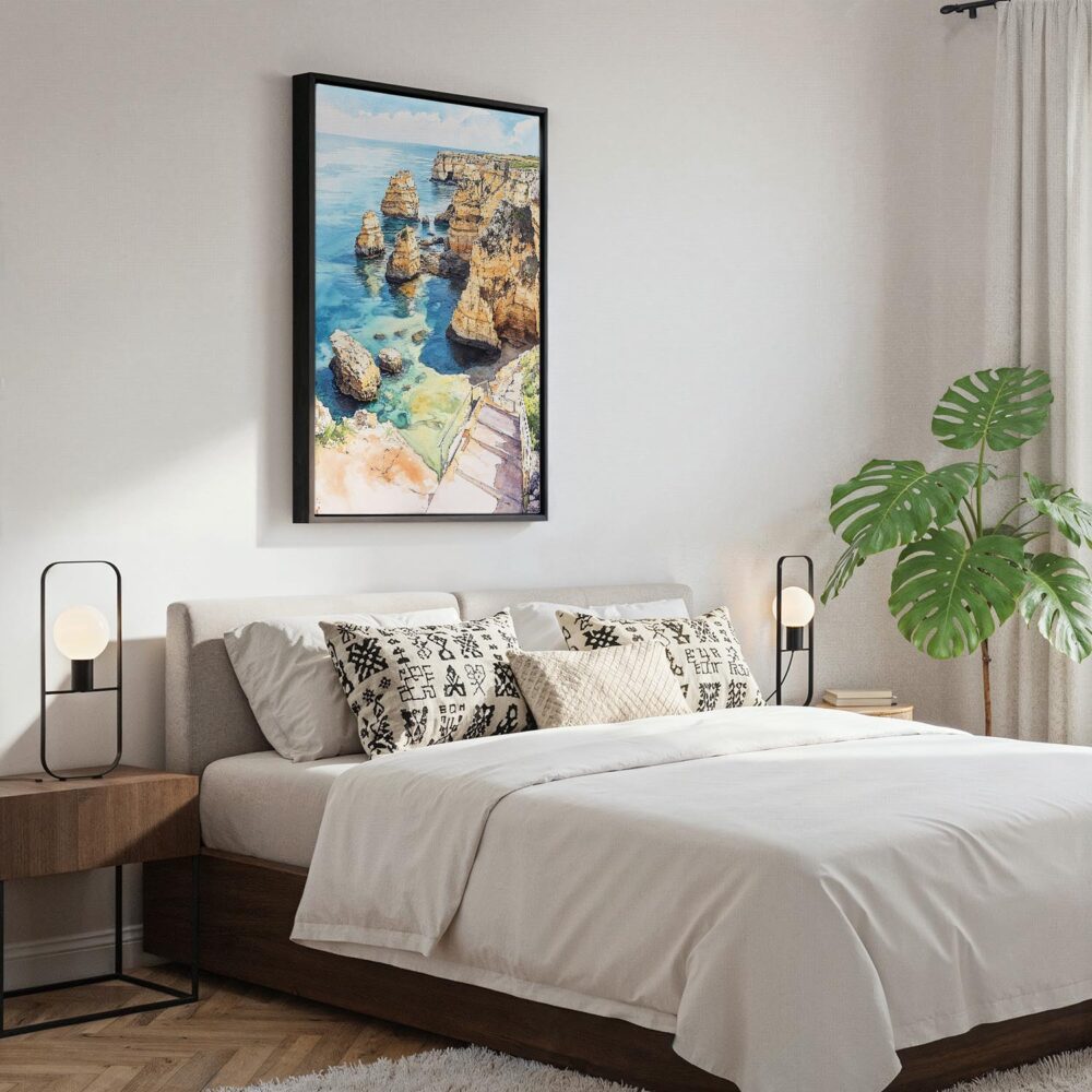 06 - Black Framed Lagos Portgual Cliffs Watercolor Canvas Print - Bedroom - Vertical.jpg 06 - Black Framed Lagos Portgual Cliffs Watercolor Canvas Print - Bedroom - Vertical.jpg